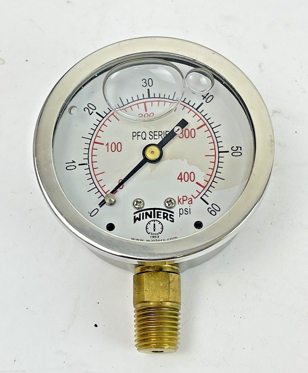 WINTERS - PFQ803- PRESSURE GAUGE - 63MM/ 2.5" DIAMETER, 1/4" NPT BTM, 0-60 PSI