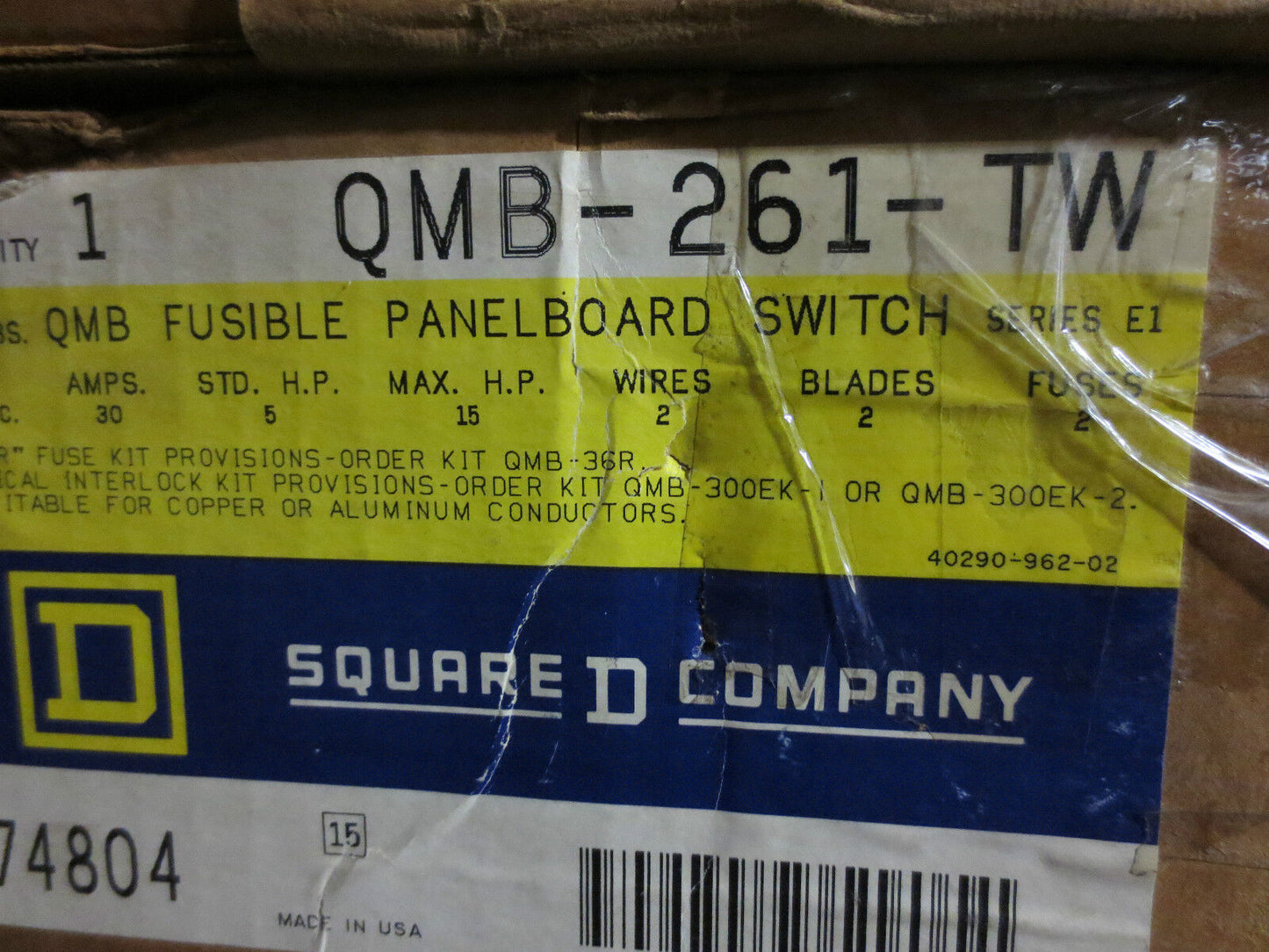 SQUARE D QMB261TW FUSIBLE PANELBOARD / BUSWAY SWITCH 30A 2-POLE 600VAC - NEW