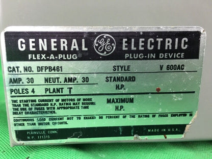 GENERAL ELECTRIC GE DFPB461 30 AMP 600V FUSIBLE GROUND BUS PLUG 4P FLEX-A-PLUG