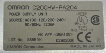 OMRON C200HW-PA204 / POWER SUPPLY UNIT / 100-120VAC / 200-24VAC / 120VA