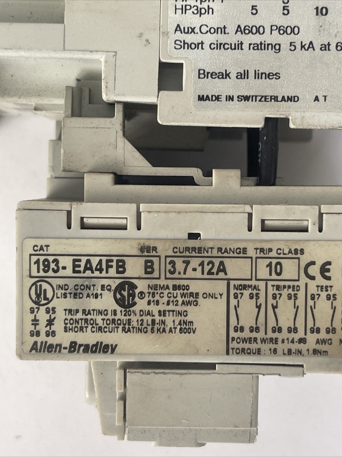 ALLEN BRADLEY STARTER (100-C16*10 CONTACTOR SER B 600VAC 30A 15HP 193-EA4FB)