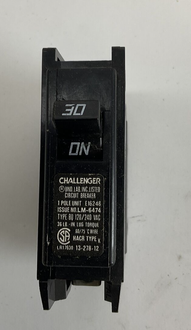 CHALLENGER BQ1C030 CIRCUIT BREAKER 30A 120/240VAC TYPE BQC 1POLE ***LOTOF10***