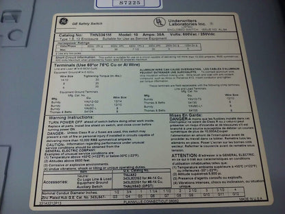GE THN3361M, SAFETY SWITCH, 30A, 600VAC/250DC, TYPE 1/5/12 ENCLOSURE, MAX H.P.30