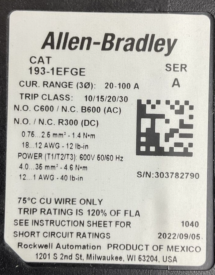 ALLEN BRADLEY STARTER (100-C85D*00 SER A CONTACTOR + 193-1EFGE RELAY + 100S)