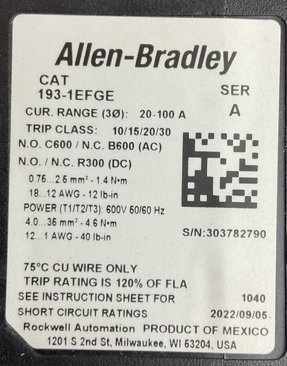 ALLEN BRADLEY STARTER (100-C85D*00 SER A CONTACTOR + 193-1EFGE RELAY + 100S)