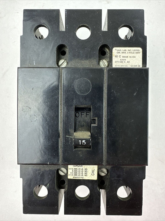 CHALLENGER CHL3015 15AMP 277/480VAC 240VAC 125/250VDC 3POLE CIRCUIT BREAKER