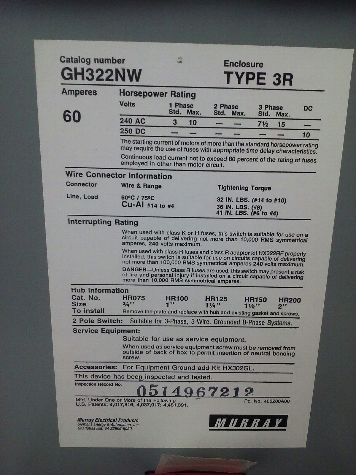 MURRAY GH322NW FUSIBLE SAFETY SWITCH SINGLE THROW 2P, 60A, 240V, 10HP, TYPE 3R