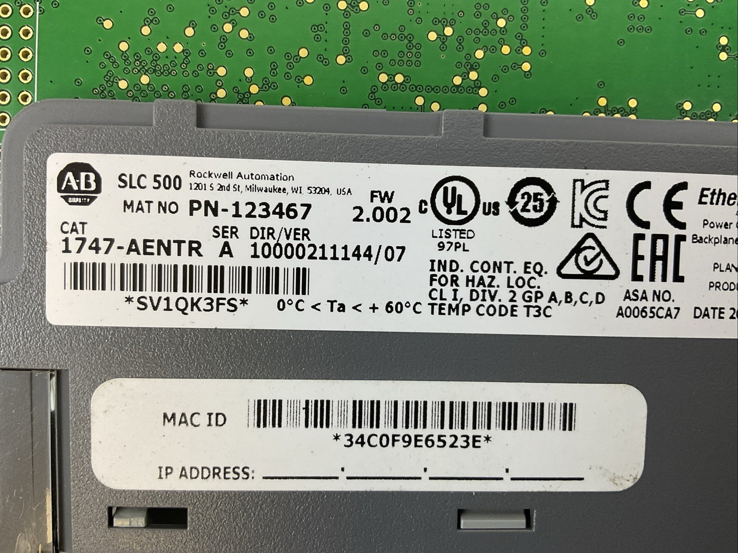 ALLEN BRADLEY 1747-AENTR SER A FW 2.002 ETHERNET/IP MODULE DIR/VER 10000211144/