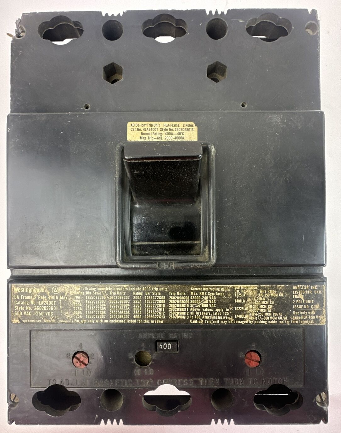 WESTINGHOUSE LA2400F 600VAC 250VDC 2POLE CIRCUIT BREAKER HLA2400T 400A TRIP UNIT