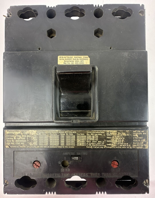 WESTINGHOUSE LA2400F 600VAC 250VDC 2POLE CIRCUIT BREAKER HLA2400T 400A TRIP UNIT