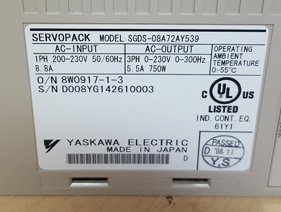 YASKAWA SGDS-08A72AY539 SERVOPACK - OUTPUT = 230V, 5.5A, 750W - NEW IN BOX