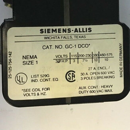 SIEMENS-ALLIS GC-1 DC0 RELAY 460-575V 10H.P 600VAC MAX