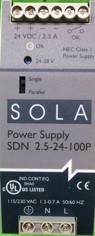 SOLA SDN 2.5-24-100P POWER SUPPLY 115/230 VAC 1.3-0.7 AMP 50/60 Hz 24VDC 2.5 AMP
