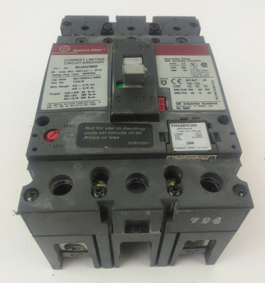 GE SELA24AT0030  2P, 30A, 480V,CIRCUIT BREAKER W/ 20A PLUG, USED GOOD CONDITION