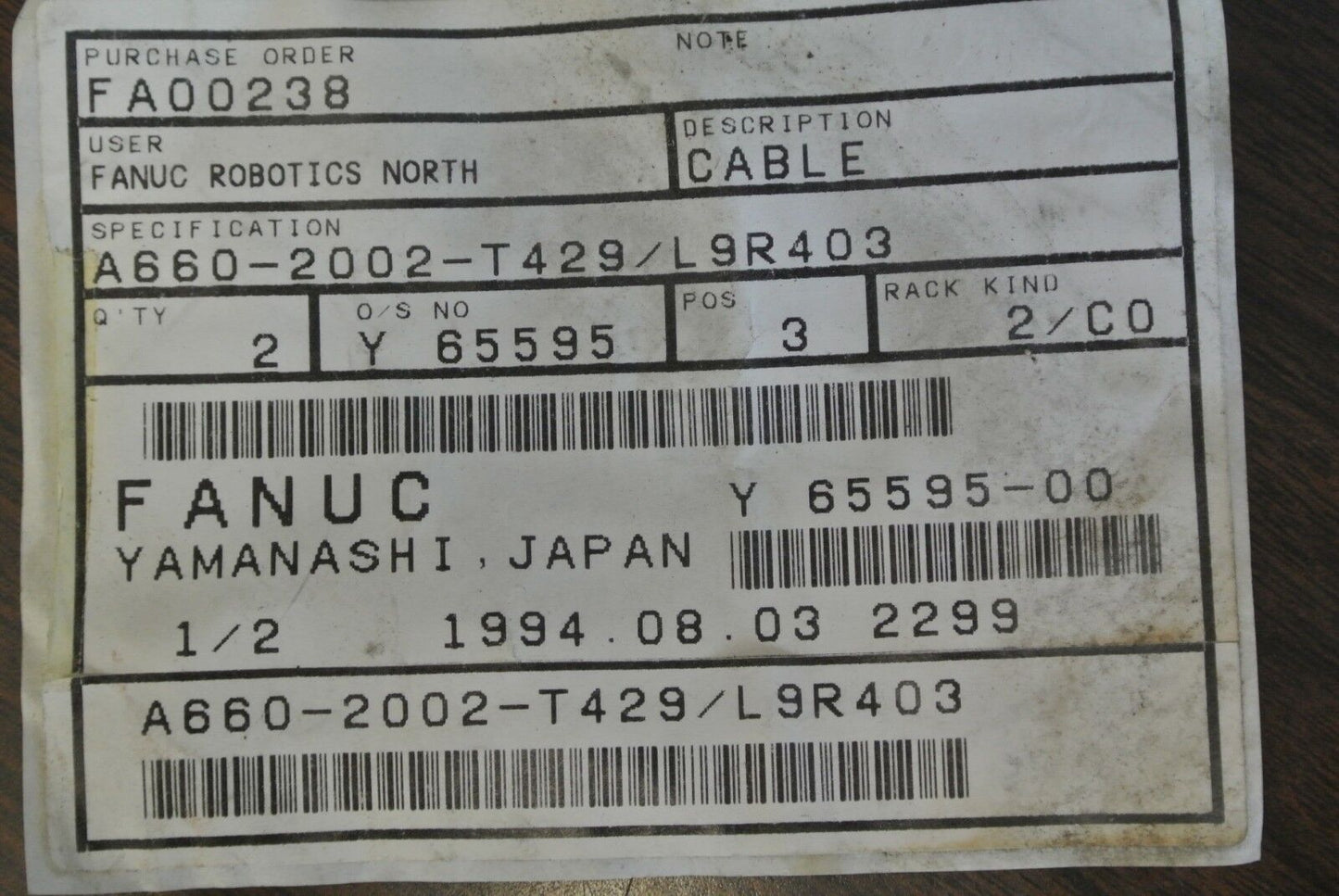 FANUC A660-2002-T429/L9R403 CABLE ASSEMBLY