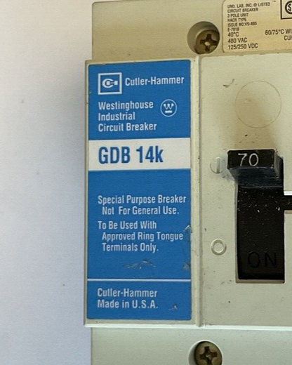 WESTINGHOUSE GDB 14K CIRCUIT BREAKER 70A 480VAC 3POLE 50/60HZ GDB3070