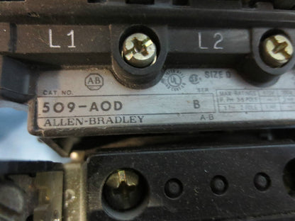 ALLEN-BRADLEY 509-AOD STARTER Ser B w/ W35 HEATERS, CB236 COIL, 595-A AUX CONT