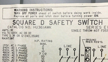 SQUARE D HU36IAWK SAFETY SWITCH 30A 600VAC/VDC SER. E