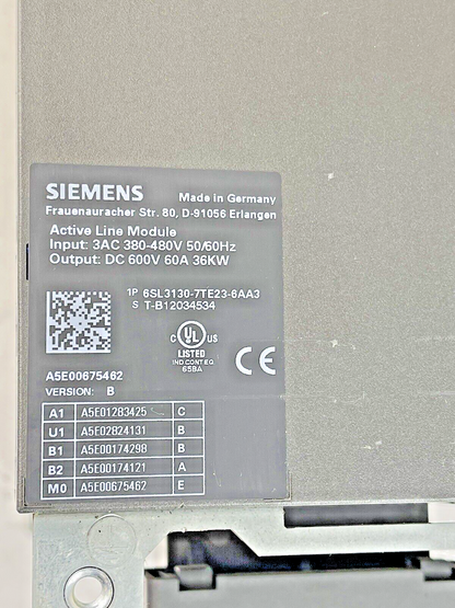 SIEMENS  6SL3130-7TE23-6AA3  SINAMICS ACTIVE LINE MODULE 480V 36KW 60A