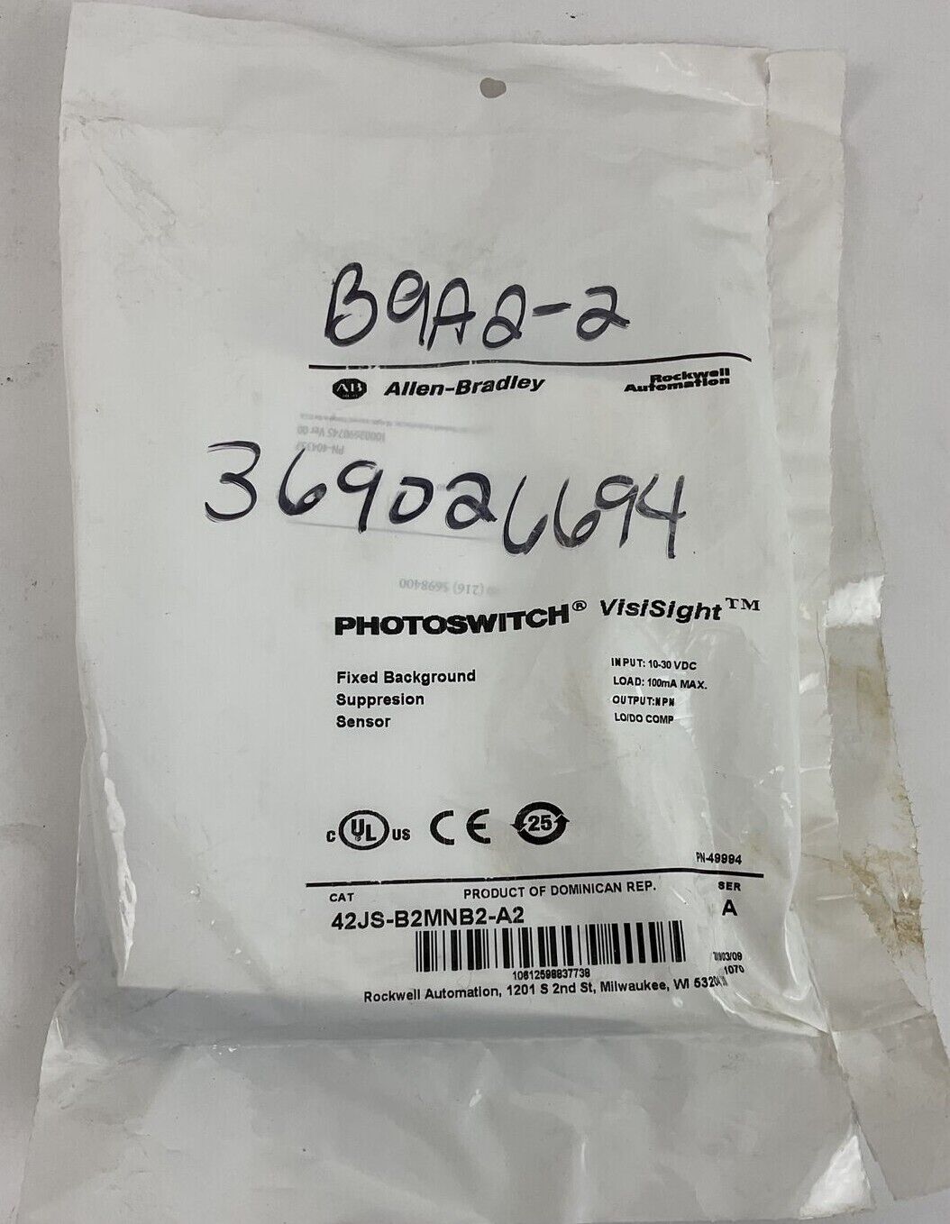 ALLEN BRADLEY 42JS-B2MNB2-A2 SUPPRESION SENSOR SER.A 10-30VDC