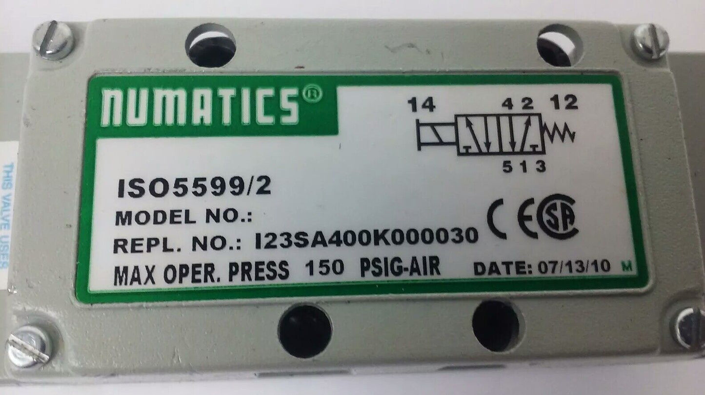 NUMATICS 150 PSIG-AIR SOLENOID VALVE ISO5599/2 I23SA400K000030 W/ 228-899B