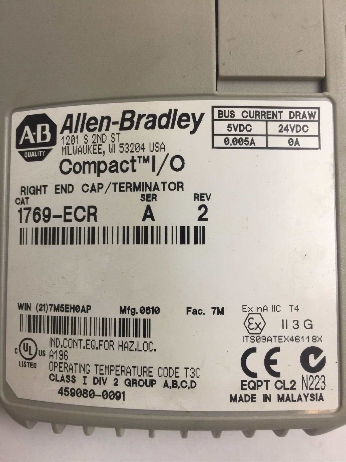 ALLEN BRADLEY 1769-ECR I/O RIGHT END CAP/TERMINATOR SER A REV 2 24VDC