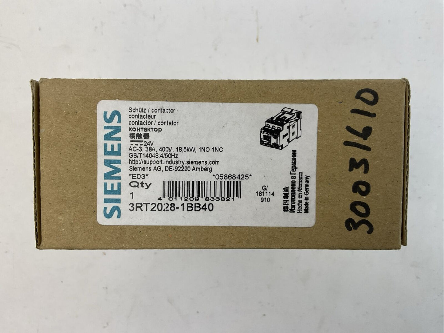 SIEMENS 3RT2028-1BB40 CONTACTOR AC-3 38A 400V 18,5kW 1NO 1NC COIL 24VDC