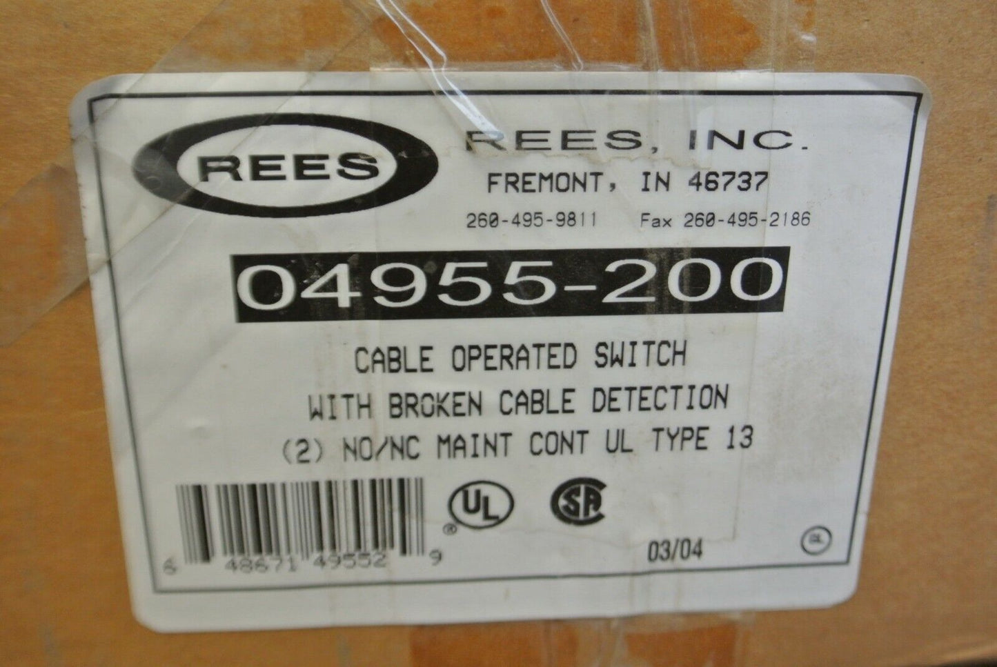 REES 04955-200 CABLE OPERATED SWITCH w/ BROKEN CABLE DETECTION / NEW SURPLUS