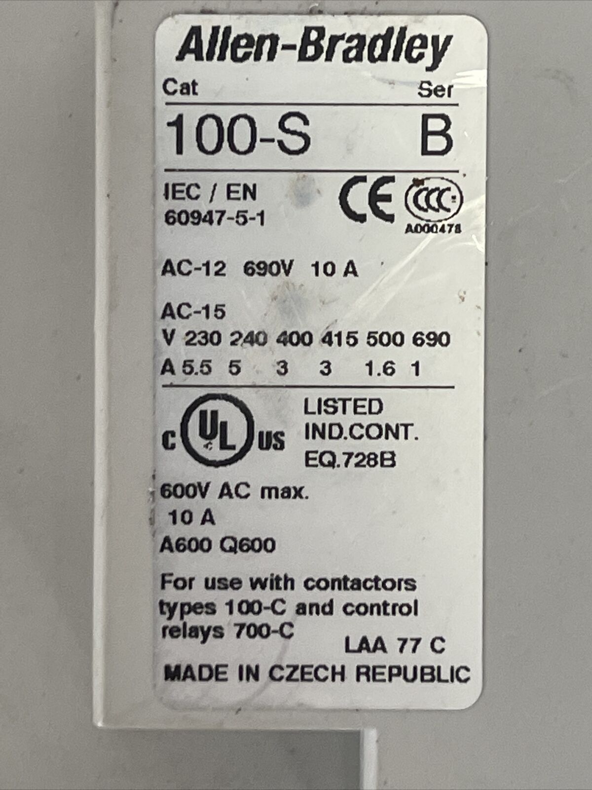 ALLEN BRADLEY 100-C85D*00 SER A CONTACTOR 600VAC 100A COIL 24VDC 60HP 100-F