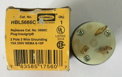 HUBBELL HBL5666C INSULGRIP PLUG 15A 250V 2POLE 3WIRE GROUNDING