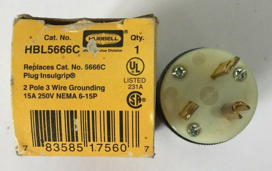 HUBBELL HBL5666C INSULGRIP PLUG 15A 250V 2POLE 3WIRE GROUNDING