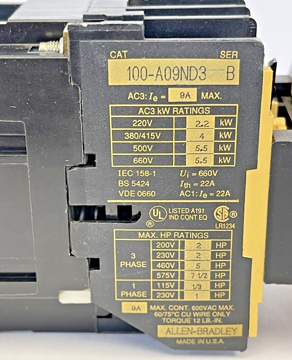 ALLEN BRADLEY - 100-A09ND3 B -CONTACTOR 9A, 600V, 120V COIL & 195-FA40 A -RELAY