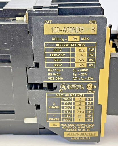 ALLEN BRADLEY - 100-A09ND3 B -CONTACTOR 9A, 600V, 120V COIL & 195-FA40 A -RELAY