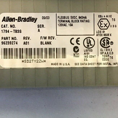 ALLEN BRADLEY FLEX I/O 1794-OB16P 24VDC SOURCE OUTPUT W/ 1794-TB3S TERMINAL BASE
