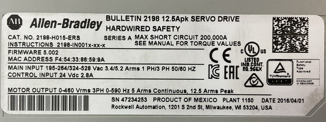 ALLEN BRADLEY 2198-H015-ERS FIRMWARE 5.002 12.5Apk SERVO DRIVE HARDWIRED SAFETY