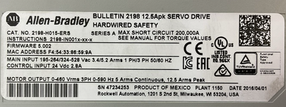ALLEN BRADLEY 2198-H015-ERS FIRMWARE 5.002 12.5Apk SERVO DRIVE HARDWIRED SAFETY