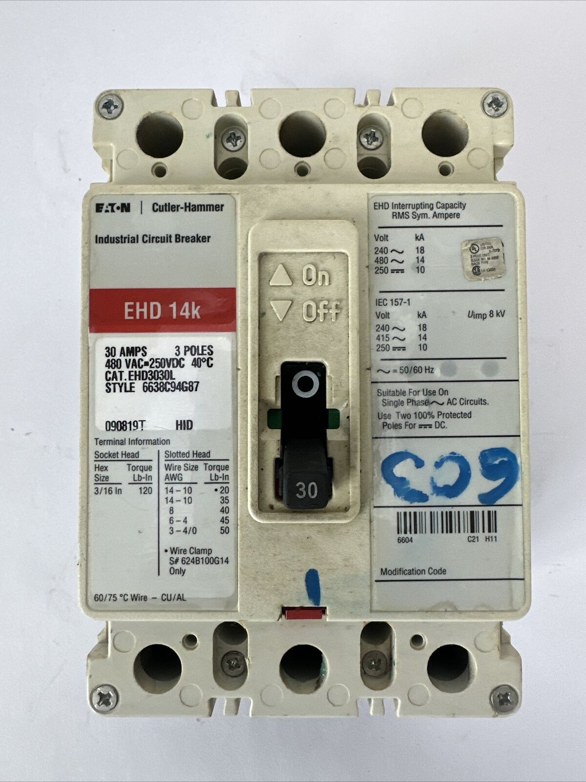 EATON CUTLER HAMMER EHD3030L 30AMP 3P 480VAC 250VDC 6638C94G87 CIRCUIT BREAKER