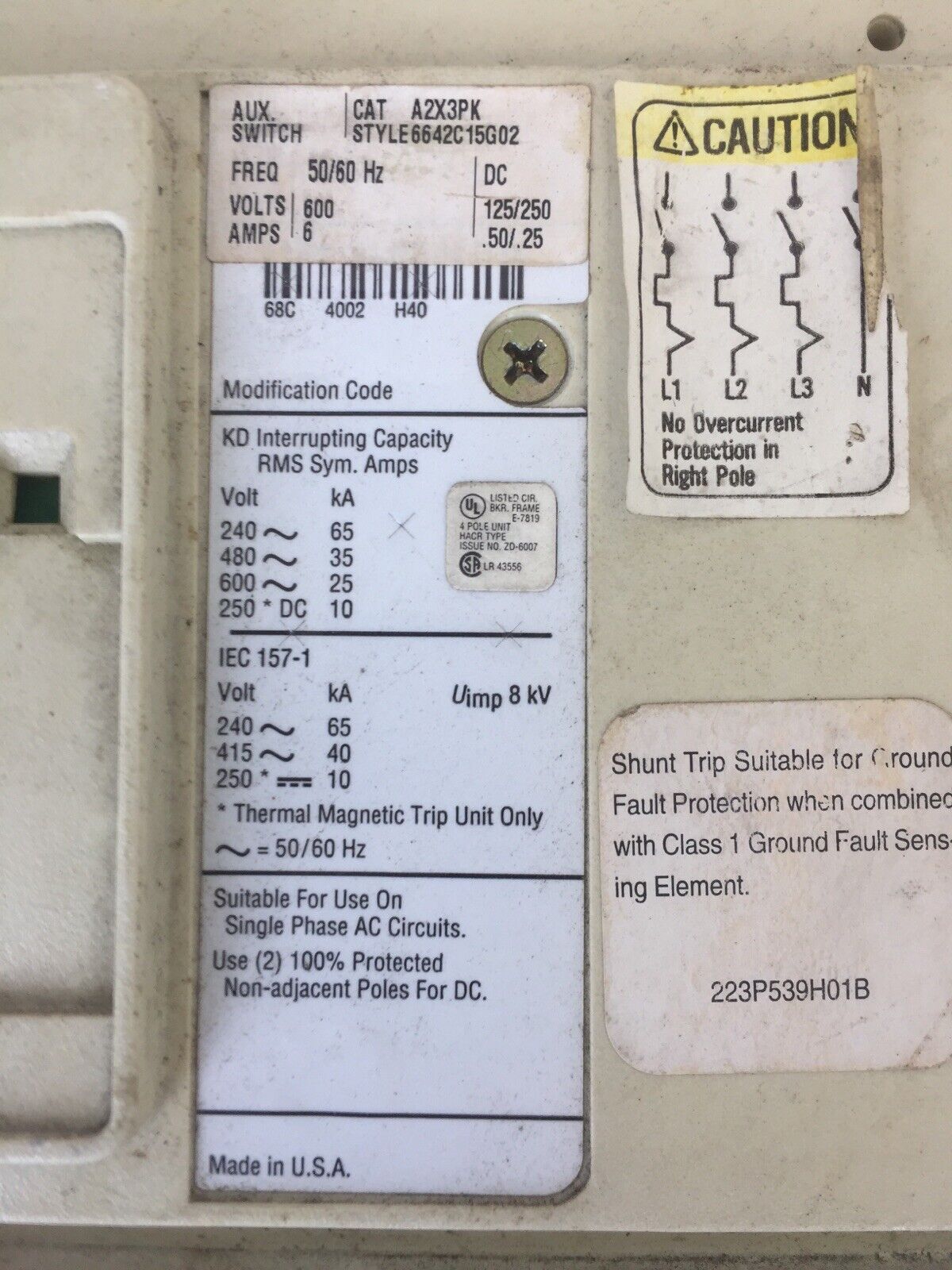 CUTLER HAMMER CIRCUIT BREAKER KD4400F 400A 4P 600VAC 250VDC KT3300T SNT3P11K