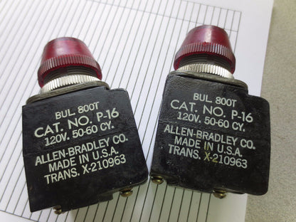 ALLEN-BRADLEY 800T P-16 - PILOT LIGHT - RED LENS - OLD STYLE - LOT of 2