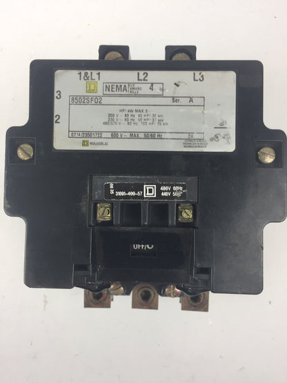 SQUARE D 8502SF02 SIZE 4 CONTACTOR 600V 50/60HZ 31091-400-57 COIL 480V 60HZ