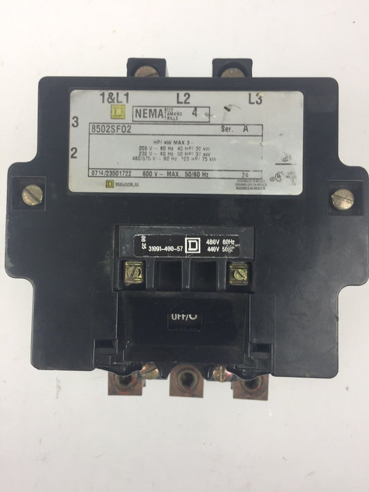 SQUARE D 8502SF02 SIZE 4 CONTACTOR 600V 50/60HZ 31091-400-57 COIL 480V 60HZ