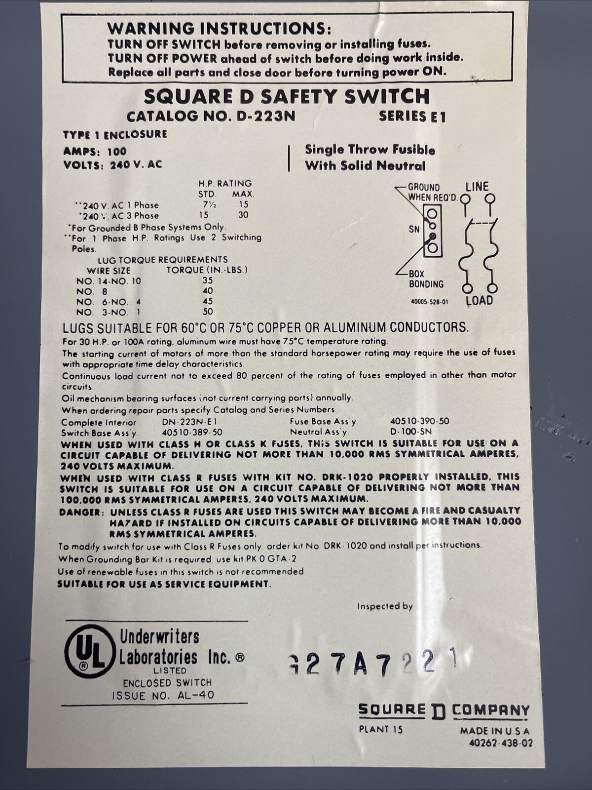 SQUARE D D-223N SAFETY SWITCH 240VAC 100A FUSIBLE 30HP SER E1 2POLE