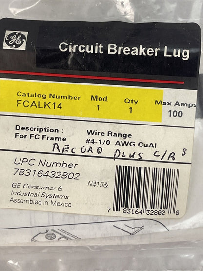 GE FCALK14 CIRCUIT BREAKER LUG MOD 1 100AMP FOR FC FRAME #4-1/0 AWG CuAL