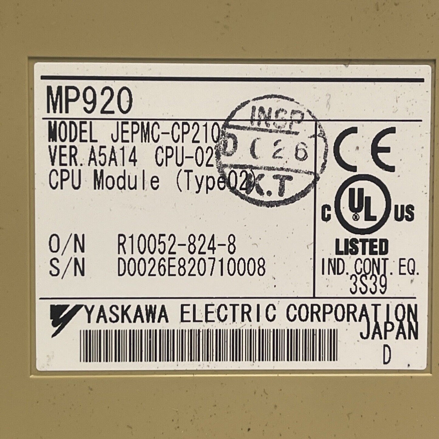 YASKAWA JEPMC-CP210 VER. A5A14 CPU-02 CPU MODULE MP920