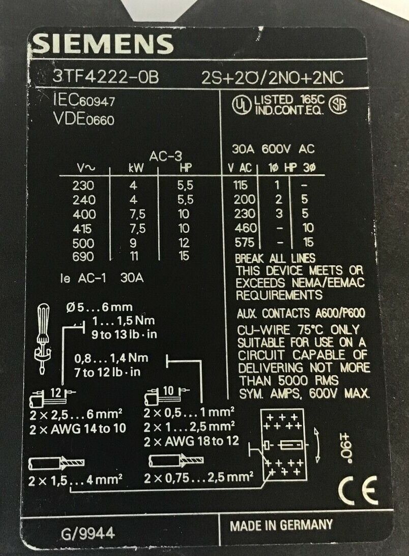 SIEMENS 3TF4222-0BB4 CONTACTOR 30A 600VAC