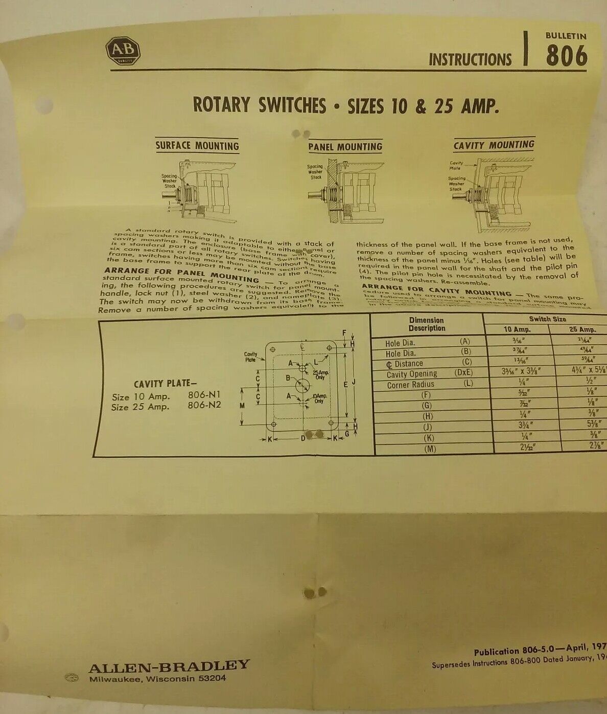 ALLEN BRADLEY 806-A13 SER. A, ROTARY PILOT SWITCH,1P 3 THROW WITH OFF POSITION,