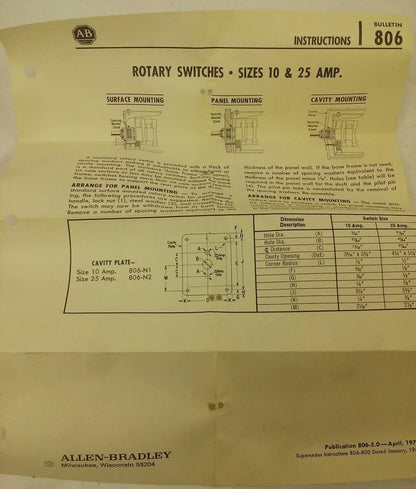 ALLEN BRADLEY 806-A13 SER. A, ROTARY PILOT SWITCH,1P 3 THROW WITH OFF POSITION,