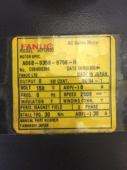 FANUC A06B-0358-B756-R AC SERVO MOTOR 150 VOLT SPEED 2500 3 PHASE