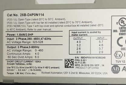 ALLEN BRADLEY 25B-D4P0N114 AC DRIVE SER A FRN 5.001 OUTPUT 0-460VAC