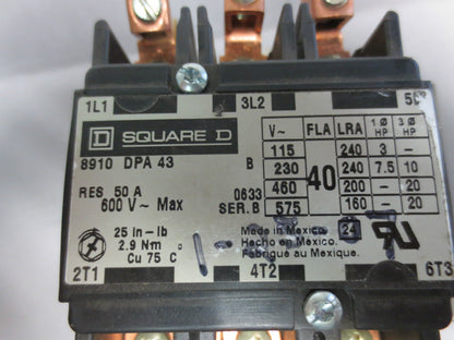 SQUARE D 8910 DPA 43 CONTACTOR / CONTROLLER 8910DPA43 Ser. B + 9999 D11